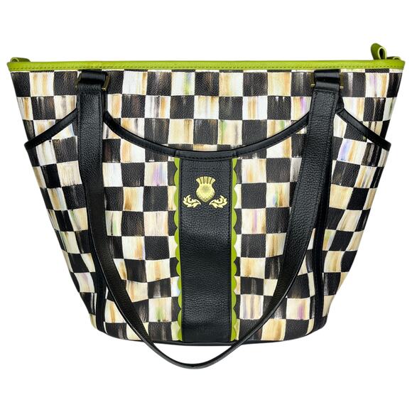 MacKenzie-Childs Handbags - MacKenzie Childs Courtly Check Chartreuse Black Leather Diaper Bag Tote